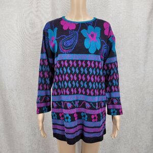 Cape Cod Vintage 80s Black Purple Teal  Floral Paisley Patterned Knit Sweater